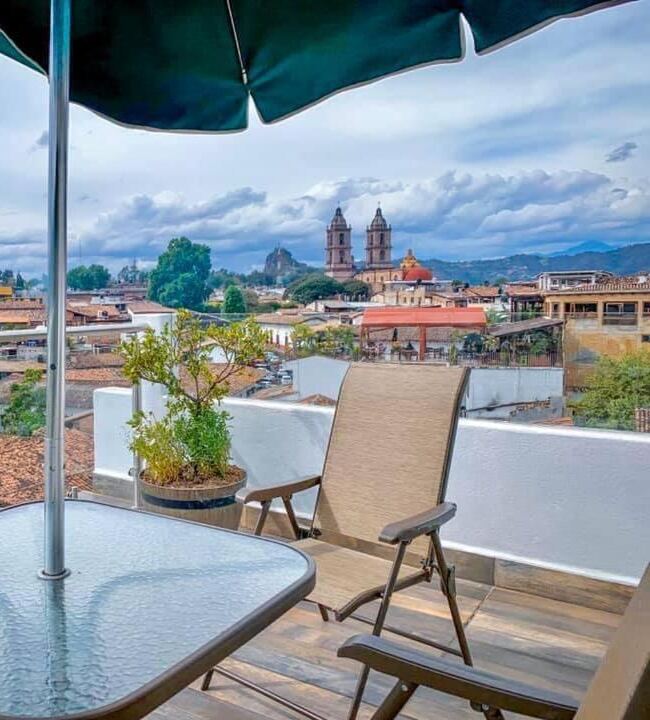 Terrace with views of the town and church